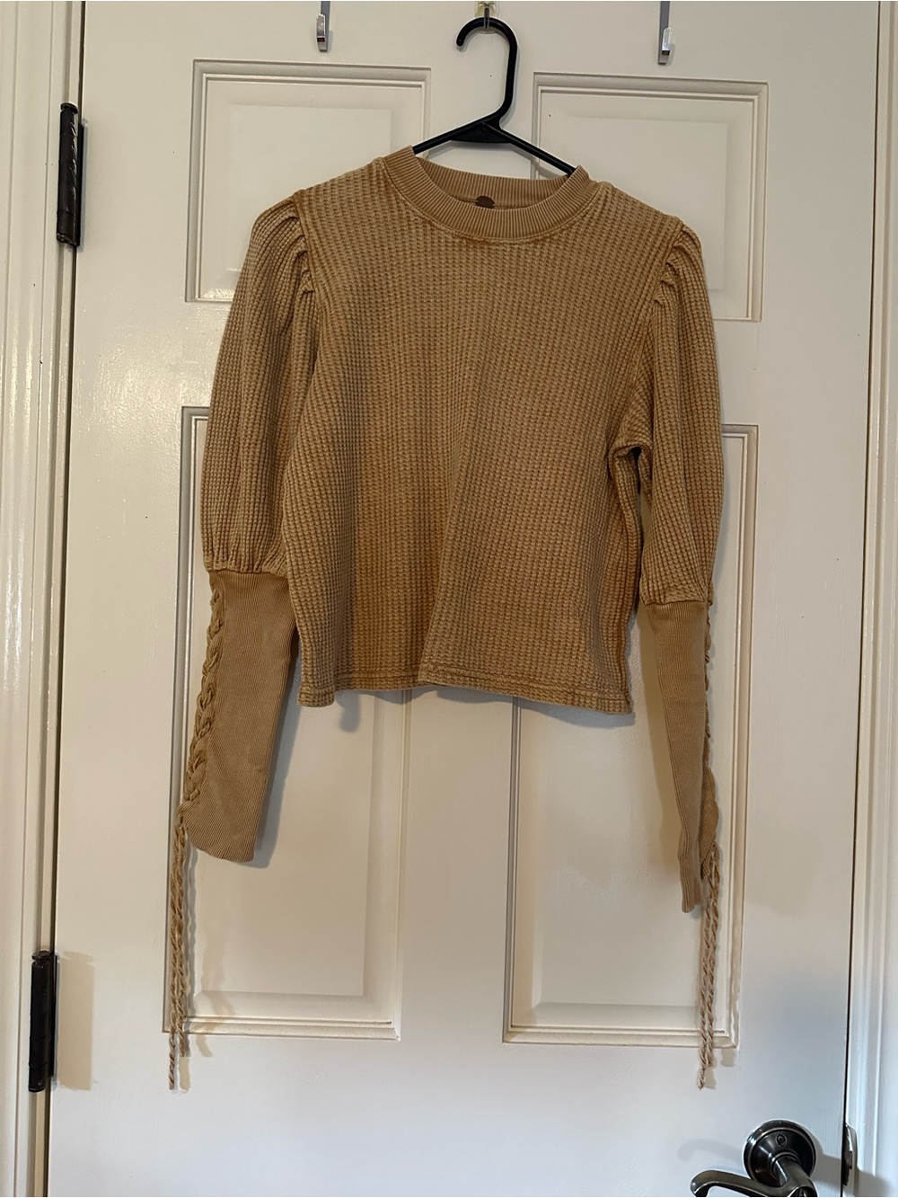 Braided-Sleeve Waffle Knit Top - Camel